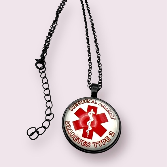Medical Alert Necklace Diabetes Type 2 -  Black - Picture 2 of 4